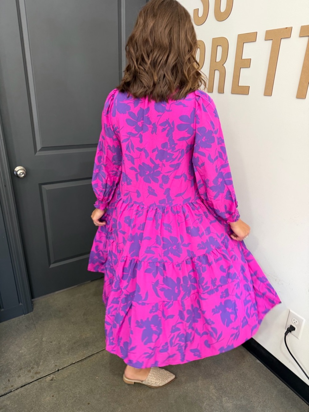 Umgee Hot Pink & Purple Floral Tiered Midi Dress - Picture 3 of 4